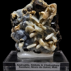 May include: A mineral specimen featuring dark brown andradite, white stilbite crystals, and blue-grey chalcedony on a clear acrylic stand. A label on the base reads: Andradite, Stilbite & Chalcedony, Sandare, Nioro du Sahel, Mali.