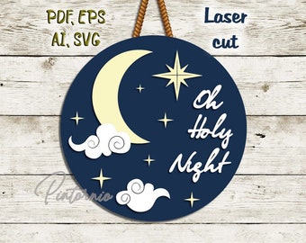 Joyeux Noël Scène d’hiver Signe de lune Étoile de Noël svg Nuages Nouvel an svg Hiver fichier découpé au laser Ciel svg S12