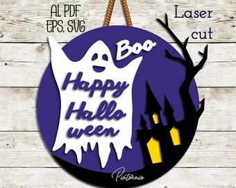 Ghost svg Round door hanger Fall svg Happy Halloween Laser cut autumn svg Halloween laser svg Ghost laser cut House sign S121