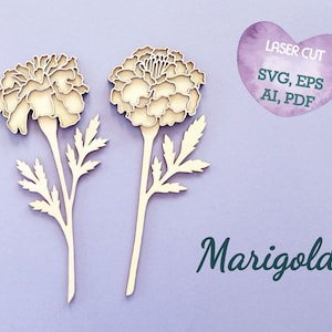 May include: Two laser cut marigold flower designs, with intricate details, perfect for crafting projects.  The design includes the flower and stem with leaves.  The text "LASER CUT SVG, EPS AI, PDF" and "Marigold" are also included in the image.