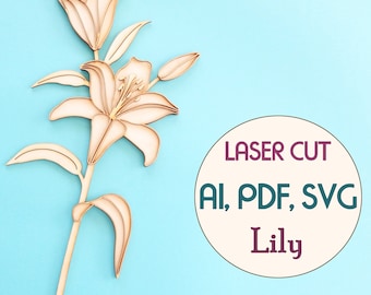 May include: Laser cut lily flower design in AI, PDF, and SVG formats. The design features a delicate white lily with leaves.