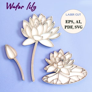 May include: Three laser cut wood water lily designs. The largest design features a white water lily with a stem and leaves. The medium design features a white water lily with a stem and leaves. The smallest design features a white water lily bud with a stem.