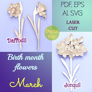 May include: Two digital cut files for laser cutting, featuring daffodils. The first file shows a single daffodil with a long stem and leaves. The second file shows a bouquet of daffodils with a single stem and leaves. The text "Daffodil" and "Jonquil" are included in the image. The text "Birth month flowers March" is also included in the image.