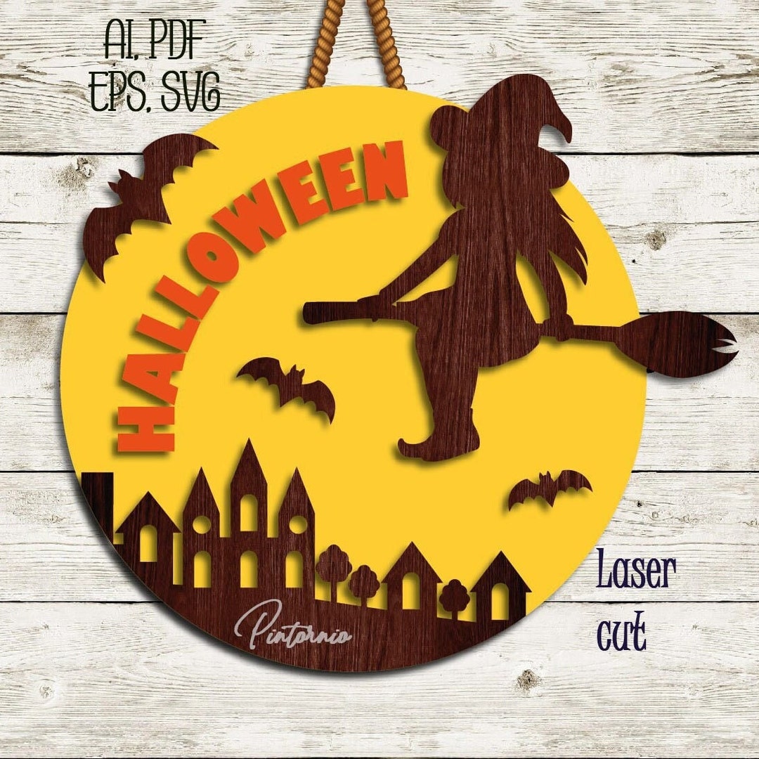 Witch Svg Round Door Hanger Witch Sign Bat Svg Fall Svg Happy Halloween ...