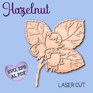 Puede incluir: Diseño de rama de avellano con hojas cortado con láser. El diseño está hecho de madera y está listo para ser utilizado en proyectos de artesanía. Se incluyen archivos SVG, EPS, AI y PDF.