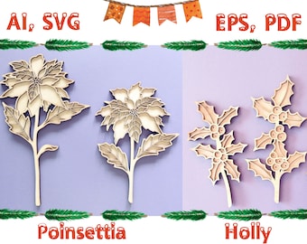 Poinsettia svg Holly svg Christmas svg Winter design Poinsettia laser cut Laser cut flower Plant stake Laser cut file Floral svg R57