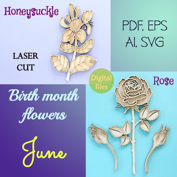 JUNE birth month flowers Rose svg Honeysuckle svg Branches svg  Wildflower svg Summer flower vector Laser cut flower Floral svg R1