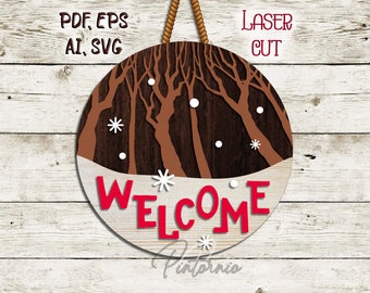 Forêt de Noël svg Signe forestier Arbres de Noël vecteur Laser coupé Nouvel An svg Arbre laser coupé fichier Bois svg S5