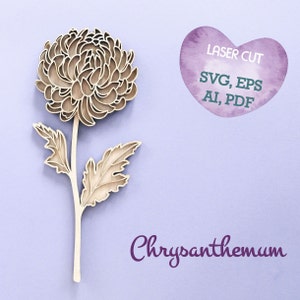 Archivo de corte láser svg de crisantemo, Estaca de planta, Flor svg, Corte láser de crisantemo, Botánico svg, Flor cortada con láser, Floral svg R66