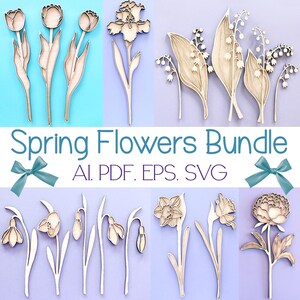 Fleurs de printemps svg jonquille svg perce-neige svg Iris svg tulipe svg pivoine svg muguet svg fleurs sauvages svg fleur coupée au laser en bois R1