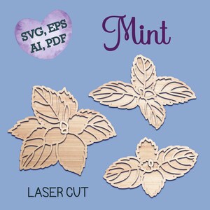 May include: Three laser cut wooden mint leaf designs. The leaves are detailed and intricate. The designs are labeled "Mint" and "Laser Cut".