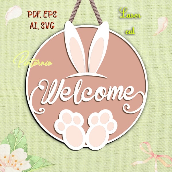 Bunny svg template Easter door hanger laser cut Spring sign Front door decor svg Hello svg Spring laser cut Door hanger svg S63