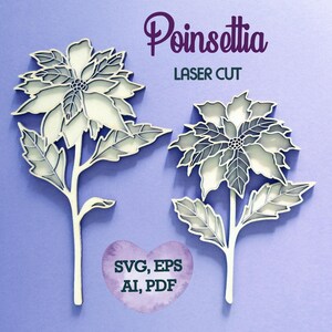 Puede incluir: Dos diseños de flores de poinsettia cortadas con láser en blanco y gris. Los diseños son para manualidades e incluyen el texto "SVG, EPS, AI, PDF" y "Corte láser".