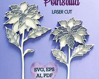 Może przedstawiać: Dwa wzory kwiatów poinsecji wycięte laserowo w kolorze białym i szarym. Wzory są przeznaczone do rękodzieła i zawierają tekst "SVG, EPS, AI, PDF" i "Laser Cut".