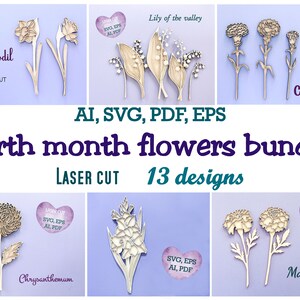 Mois de naissance fleurs svg, fleurs découpées au laser, signe du mois de naissance, svg de fleurs sauvages, pieu de plante, Lily svg, Daisy svg R69