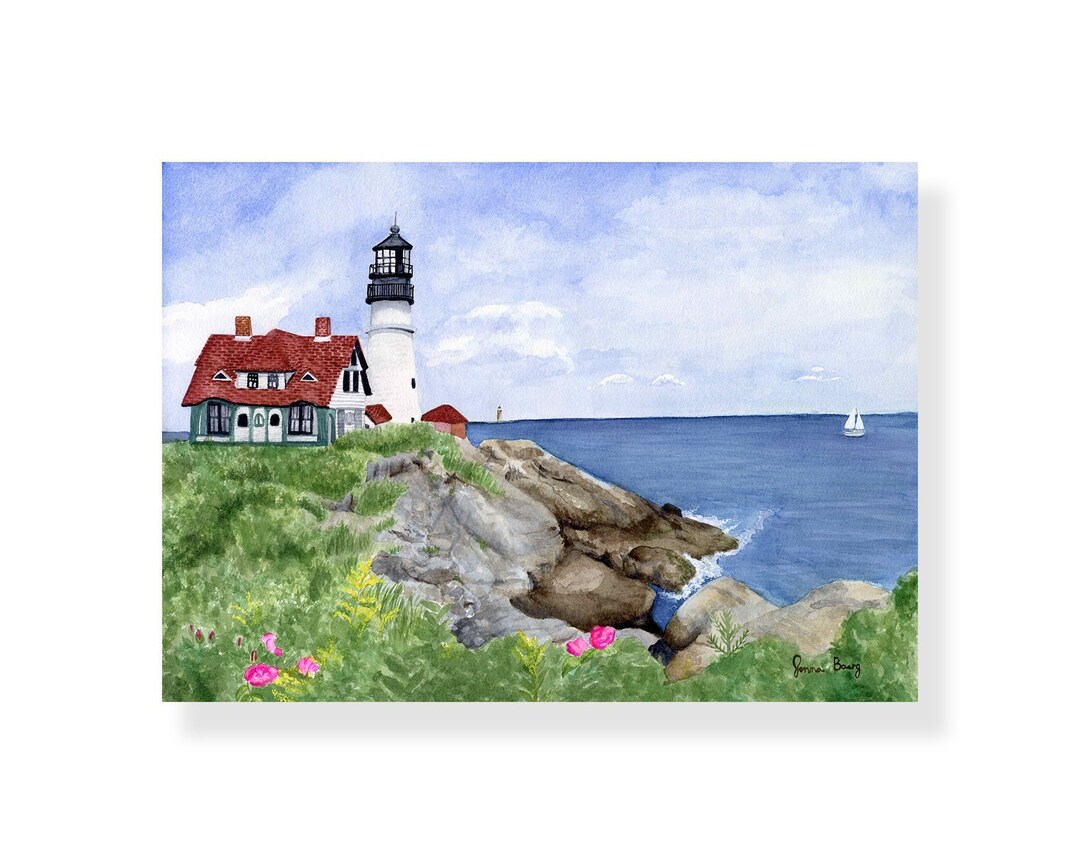 Lighthouse Watercolor Art Print: Portland Head Light Coastal Maine ...