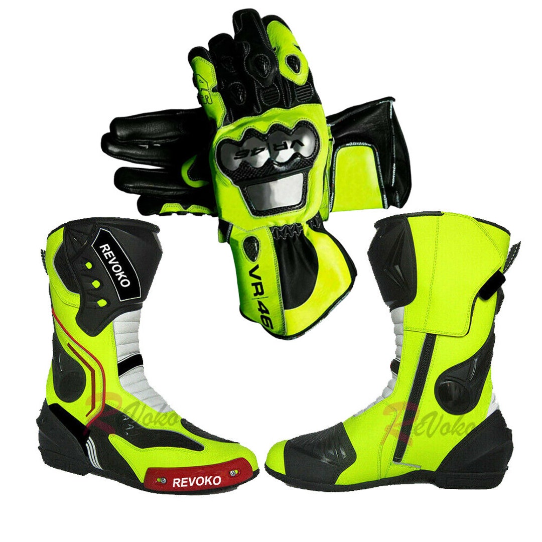 Valentino Rossi VR 46 Motorcycle Cowhide Leather Shoe and Glove Racing Motorbike Boot GP