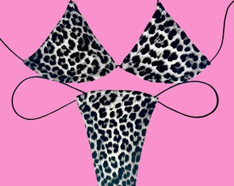 Plush White Leopard Tie-Able Extreme Microkini | Exotic Dancewear Bikini