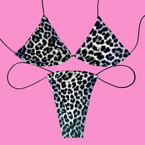 Plush White Leopard Tie-Able Extreme Microkini | Exotic Dancewear Bikini