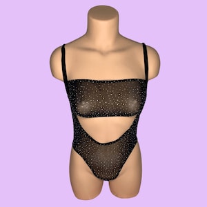 Mesh Suspender Two Piece Bikini with Rhinestones | Exotic Dancewear