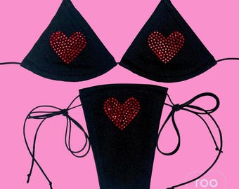 Microkini coeur rouge avec strass | Vêtements de danse exotiques