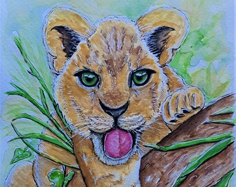 CUTE NAUGHTY BABY lion, Original Watercolour Painting