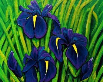 IRIS D'EAU JAPONAIS, Peinture acrylique originale sur papier