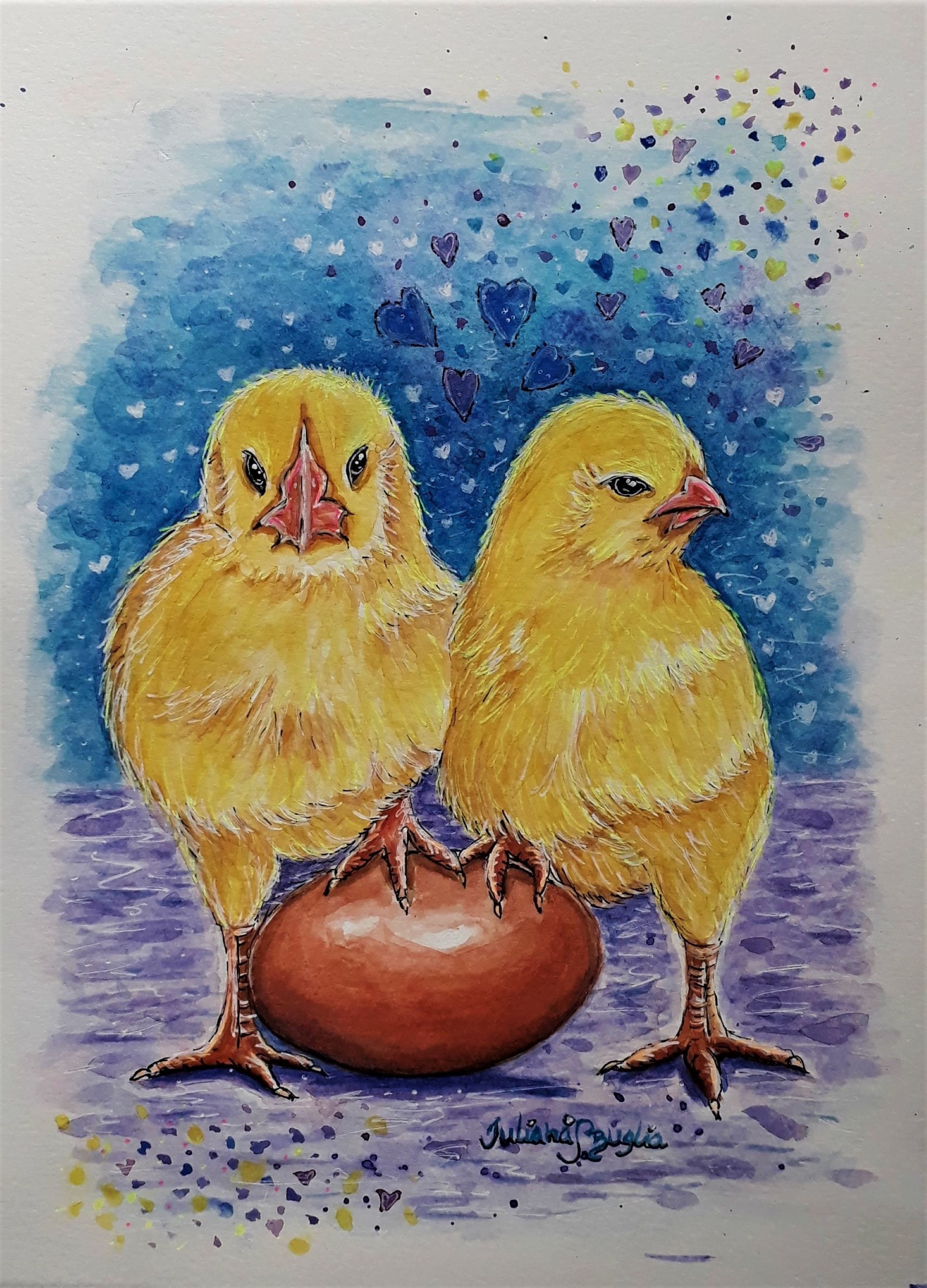 BABY GELBE KÜKEN mit Ei, Original Aquarell Malerei