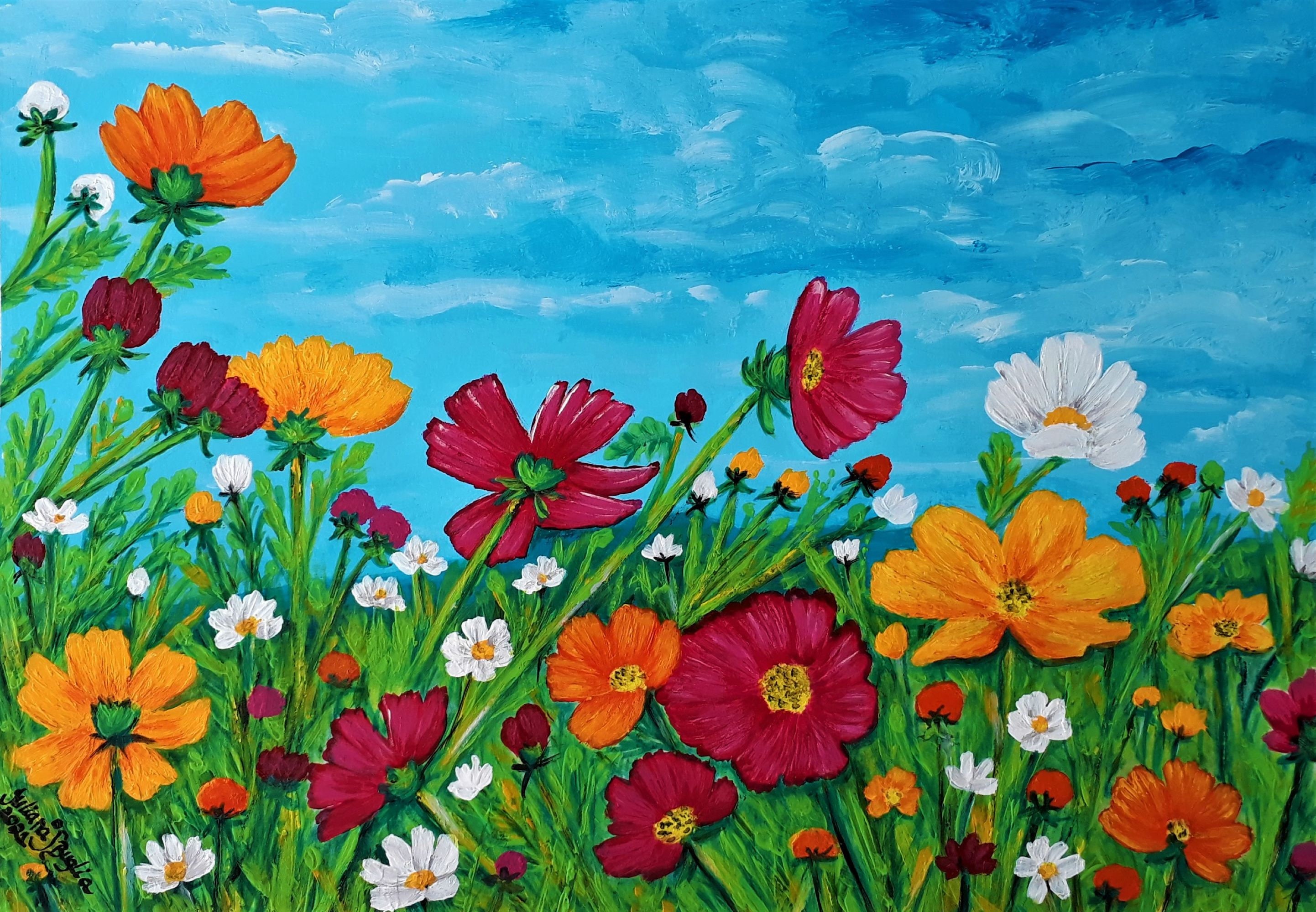 COSMOS FLOWER FIELD, Original Acrylic Painting on Paper - Etsy