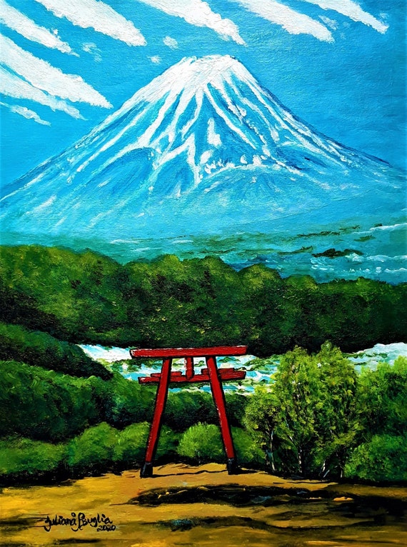 富士山と鳥居、オリジナルアクリル画（紙） - Etsy 日本