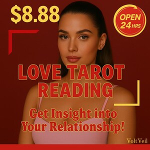 May include: An advertisement for a love tarot reading. The image features a woman with the text "LOVE TAROT READING" in red letters. The text "Get Insight into Your Relationship!" is also included. The price is listed as $8.88, and the business is open 24 hours.