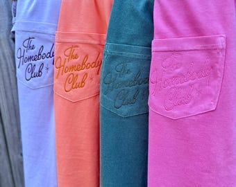 The homebody club, embroidered t shirt and crewneck, homebody, sahm, book, reading nook, embroidery, homebody club, mom life, home, pocket