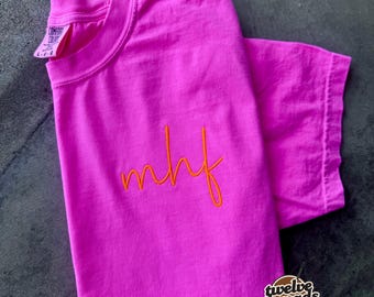 Monogram Comfort Color neon t shirt, unisex fit t shirt-monogram-neon thread - neon embroidery - monogram embroidery - custom-personalized
