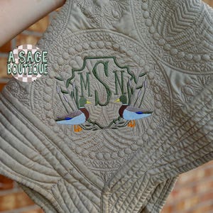 Embroidered mallard duck heirloom quilt with custom monogram, personalized baby blanket, baby boy quilt, embroidered custom heirloom blanket