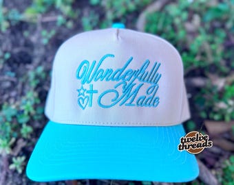 Embroidered WONDERFULLY MADE, Otto cap, 5 panel Otto cap, trucker hat, custom embroidery, embroidery trucker hat, faith trucker cap, hats