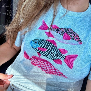Trendy fish trio, zebra print, leopard, checkered, trending, t shirt, DTF on comfort colors, sublimation on Gilden, fishy fish, fun prints