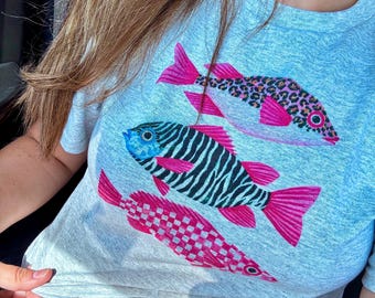 Trendy fish trio, zebra print, leopard, checkered, trending, t shirt, DTF on comfort colors, sublimation on Gilden, fishy fish, fun prints
