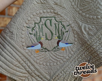 Embroidered mallard duck heirloom quilt with custom monogram, personalized baby blanket, baby boy quilt, embroidered custom heirloom blanket