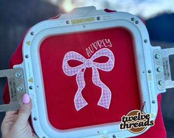 Applique coquette bow with hearts and name, girls crewneck, kids embroidery, embroidered girls vday, Applique, holiday, love, sweatshirt kid