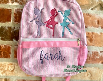 Dancer - ballet - ballerina - seersucker back pack - diaper bag - kids bag - toddler backpack - embroidered backpack - personalized bag