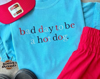 Bad day to be a hot dog, embroidered Memorial Day tank, 4th of July t shirt, comfort colors, USA, red white and blue thread, funny patriotic