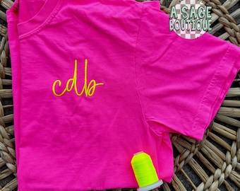 Monogram Comfort Color neon t shirt, unisex fit t shirt-monogram-neon thread - neon embroidery - monogram embroidery - custom-personalized