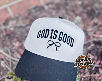 Embroidered GOD IS GOOD Otto cap, 5 panel Otto cap, trucker hat, custom embroidery, embroidery trucker hat, monochrome look, faith , trucker