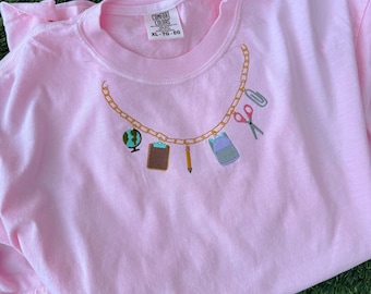 Mini School Charm Necklace, Embroidery on the neckline, School supplies embroidered t shirt, Faux necklace chain charm embroidery, teacher