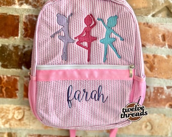 Dancer - ballet - ballerina - seersucker back pack - diaper bag - kids bag - toddler backpack - embroidered backpack - personalized bag