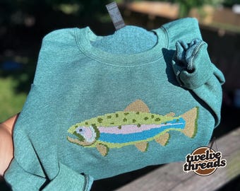 Embroidered trout cross stitch design, fishing trout, trendy popular fish trout embroidery, cross stitch detailed design, comfort colors