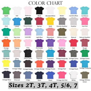 May include: Color chart displaying a variety of t-shirt colors, including Apple, Black, and Red. The chart also lists available sizes: 2T, 3T, 4T, 5/6, and 7.