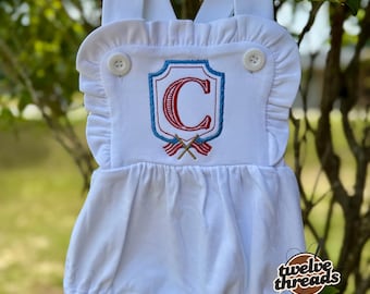 Embroidered crest American flag Fourth of July romper outfit, holiday kids outfit embroidery, custom personalized bubble romper, baby outfit
