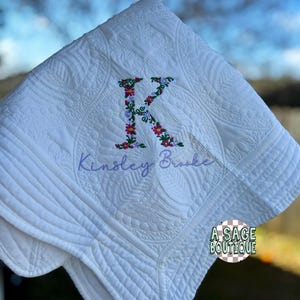 Embroidered coquette bow heirloom quilt with custom monogram, personalized baby blanket, baby gir quilt, embroidered custom heirloom blanket