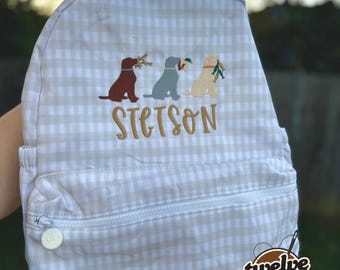 Embroidered Seersucker backpack - hunting ducks gingham - kids backpack - diaper bag - dog hunt backpack - embroidered backpack - embroidery